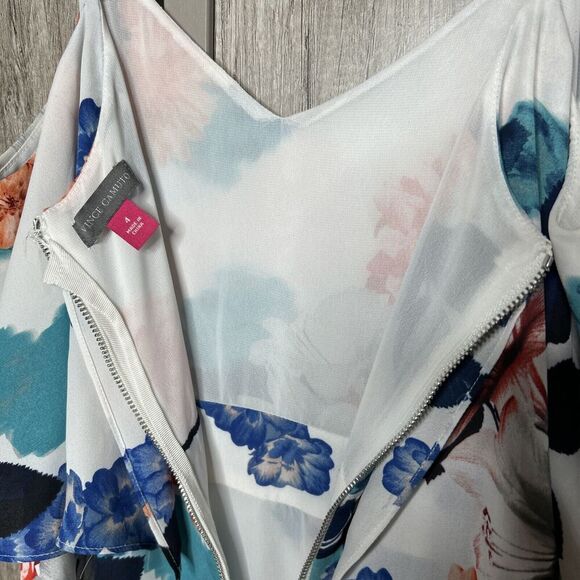 Vince Camuto Midi Dress White Color Floral Print Ruffle Neckline Size 4 - Picture 8 of 9